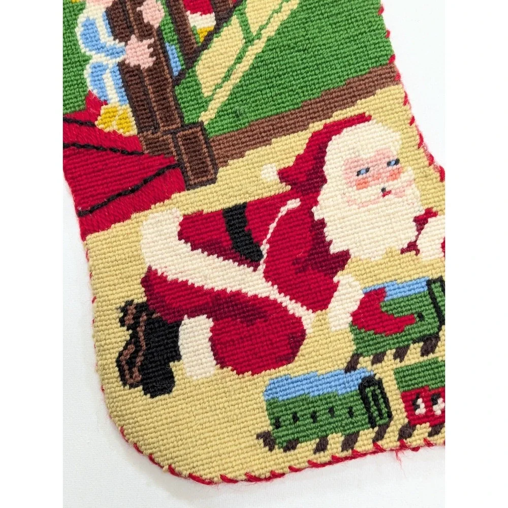 Vintage Needlepoint Stocking Santa Train Kids Stairs Quality Handmade w/Name